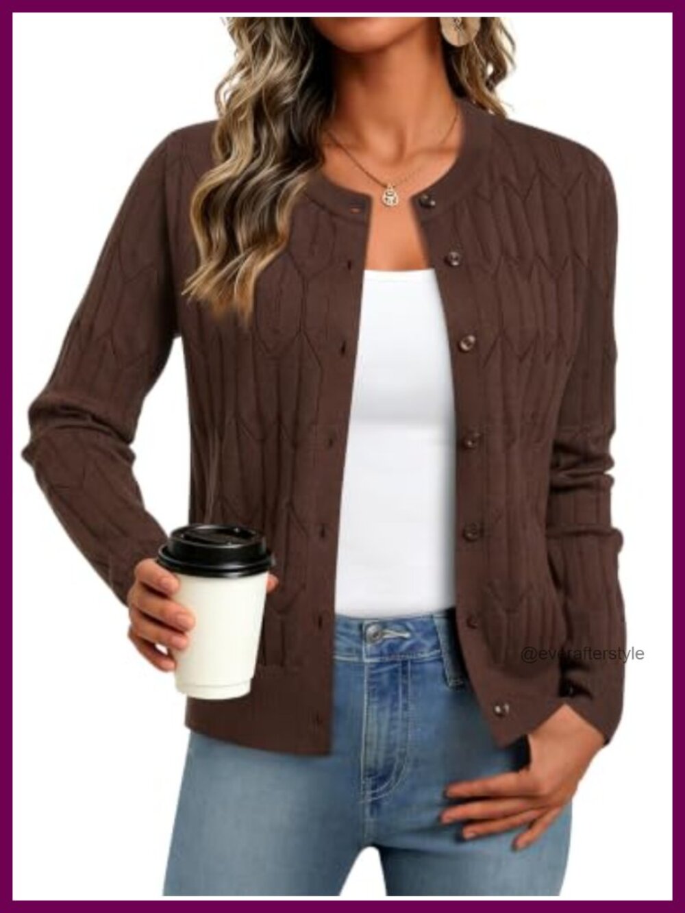 Cable Knit Button Up Cardigan Crewneck Lightweight Long Sleeve Women's Sweater